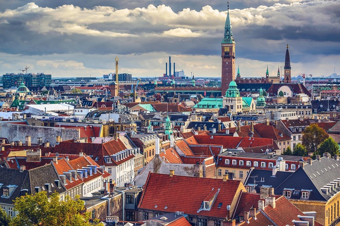 Copenhagen, Denmark old city skyline.